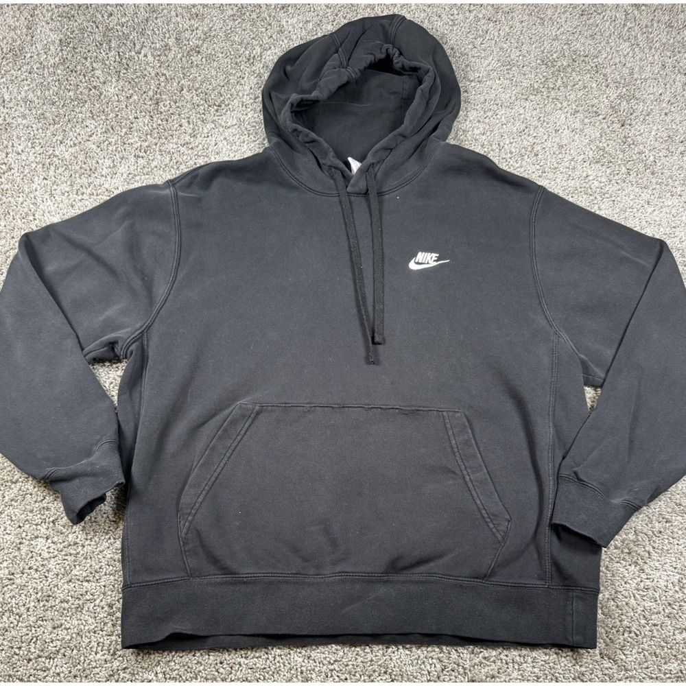 Nike Mens Pullover Hoodie Hooded Sweatshirt Black Embroidered Logo Large